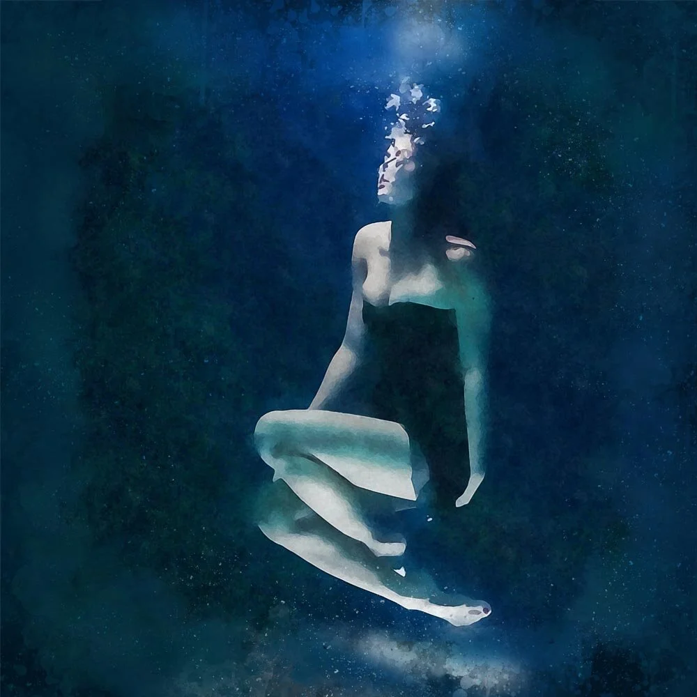 woman wearing a black dress posing underwater abstract figurative print
