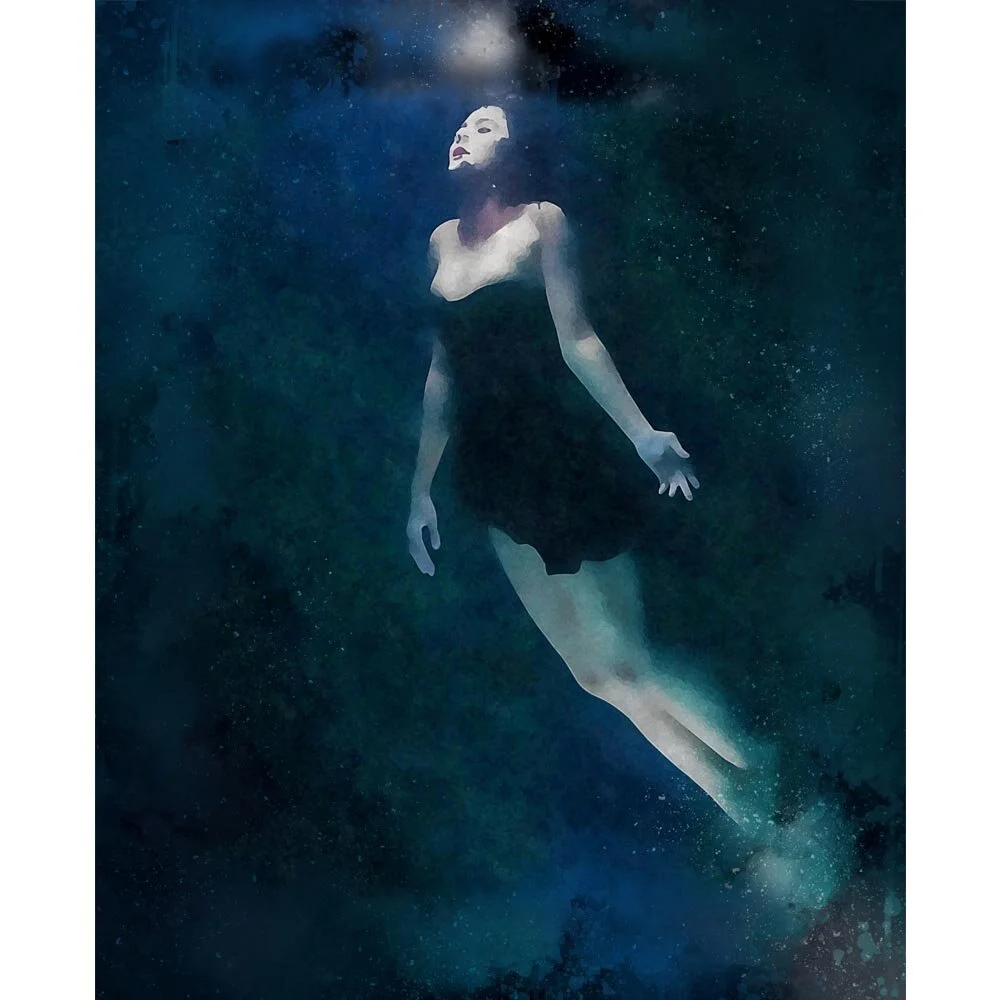 woman wearing a black dress posing underwater abstract figurative print