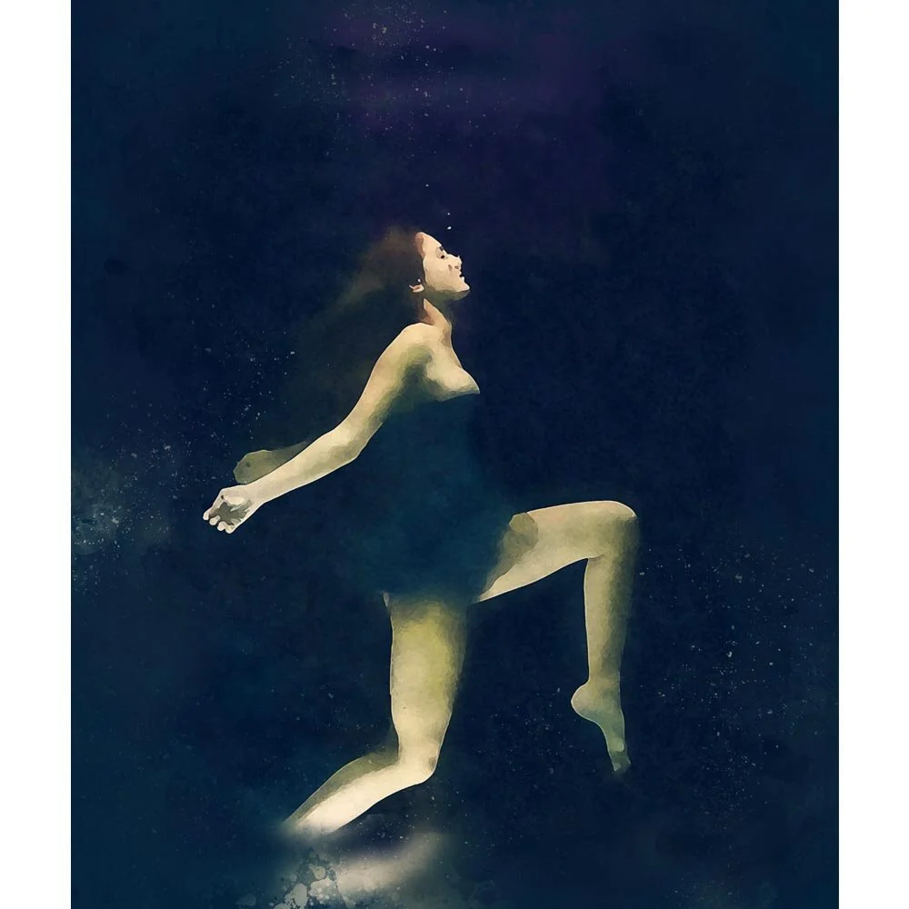 woman wearing a black dress posing underwater abstract figurative print