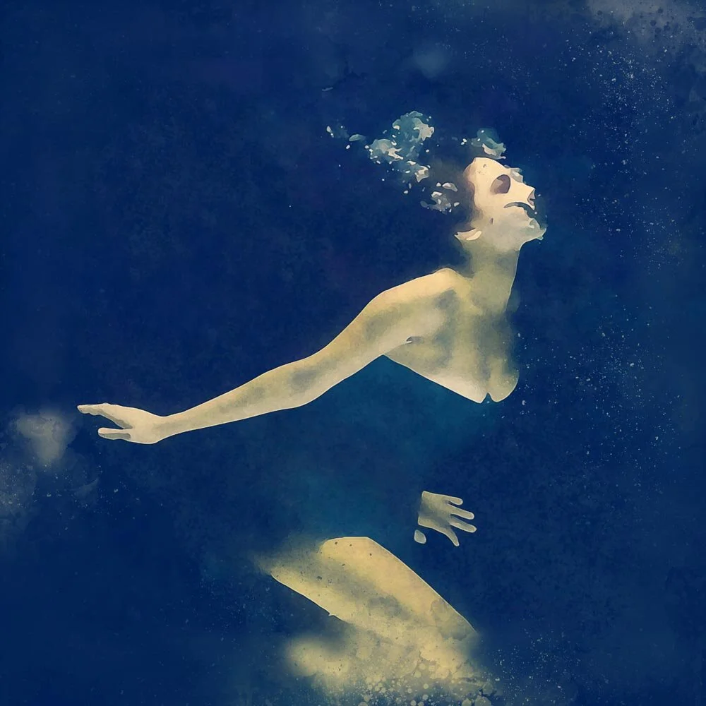 woman wearing a black dress posing underwater abstract figurative print