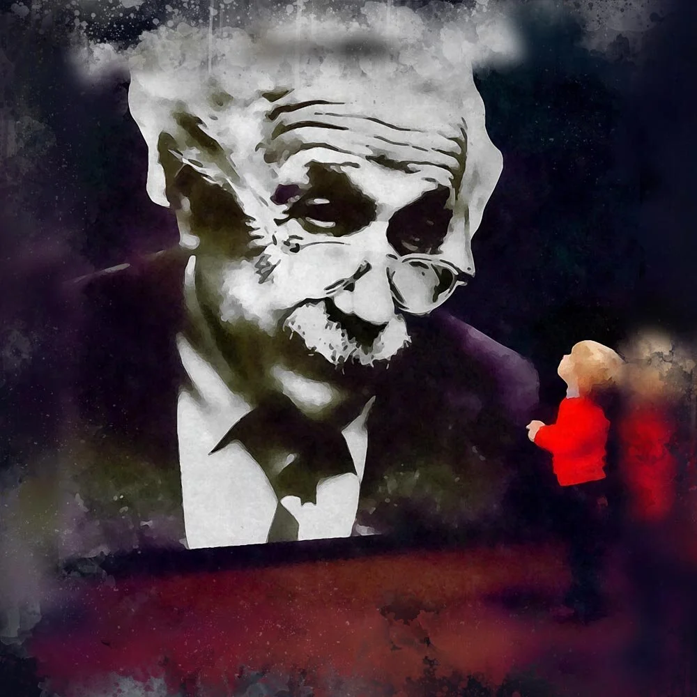 little boy looking up at albert einstein abstract figurative print