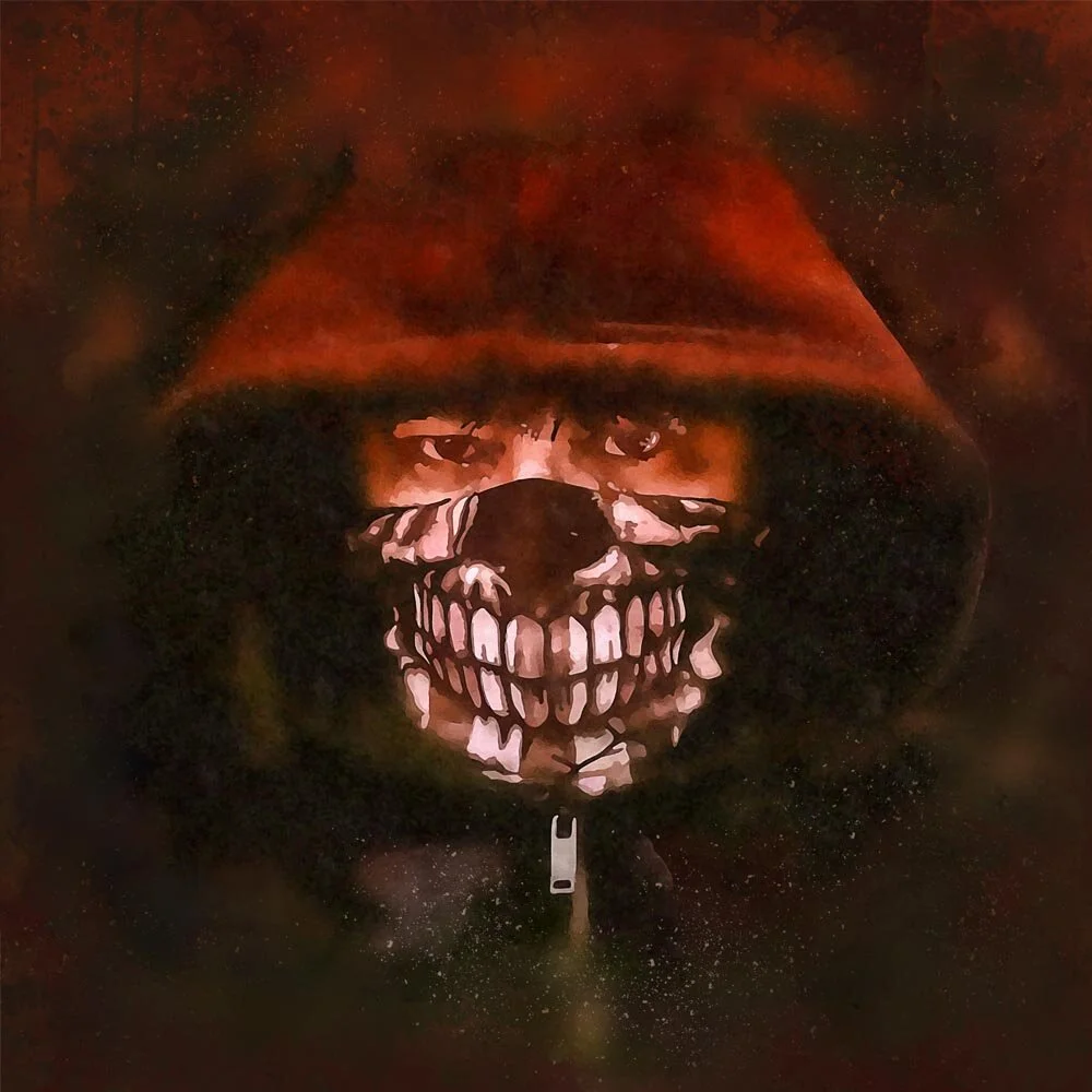 woman wearing hoodie and scary mask abstract figurative print