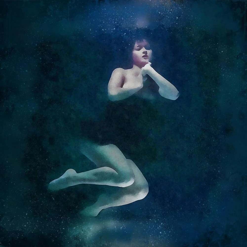 woman wearing a black dress posing underwater abstract figurative print