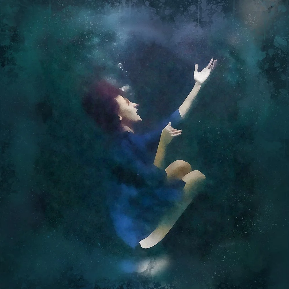 woman wearing a black dress posing underwater abstract figurative print