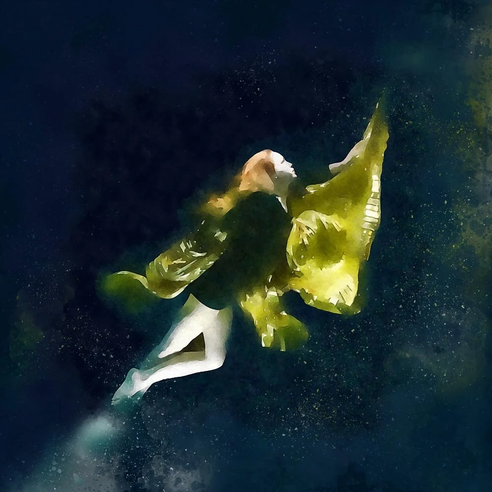woman wearing a black dress and golden cape posing underwater abstract figurative print