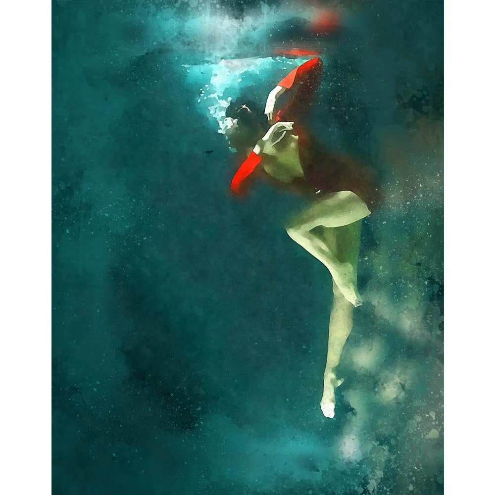woman wearing a red dress posing underwater abstract figurative print