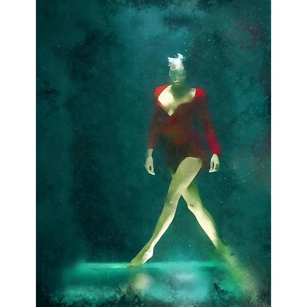 woman wearing a red dress posing underwater abstract figurative print