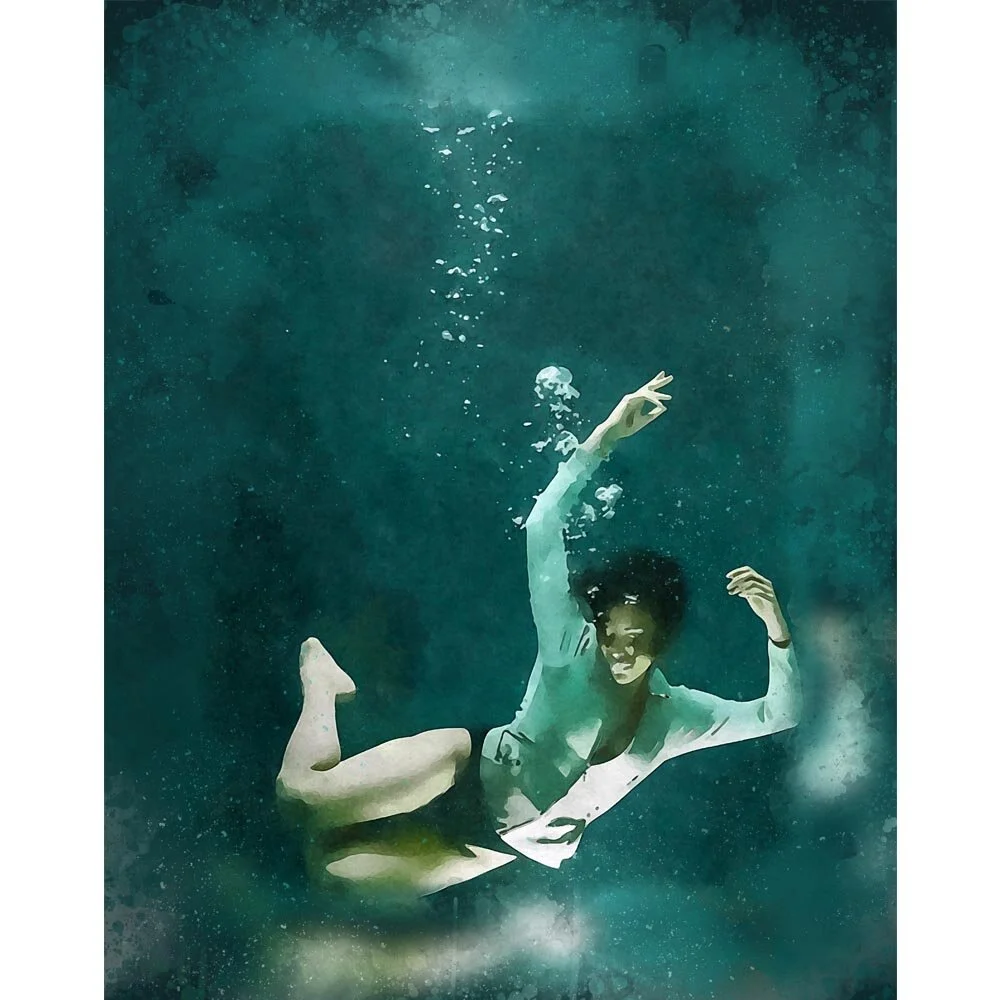 woman wearing a white shirt posing underwater abstract figurative print