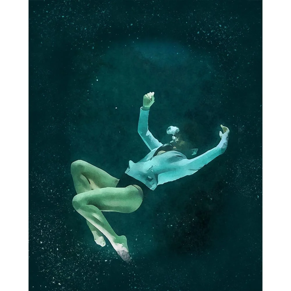 woman wearing a white shirt posing underwater abstract figurative print