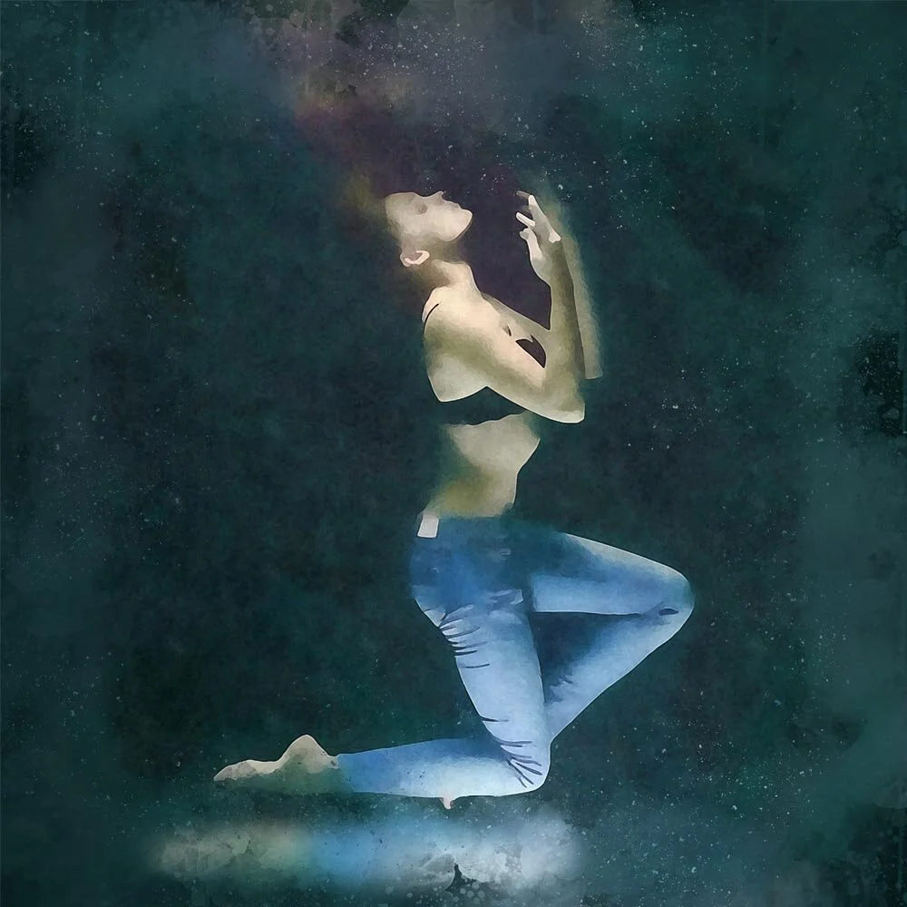 woman wearing jeans and bra posing underwater abstract figurative print