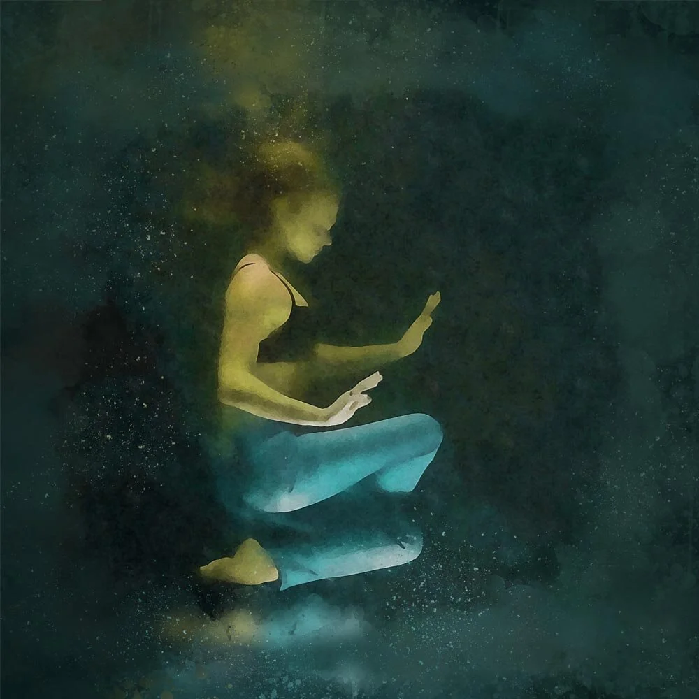 woman wearing jeans and bra posing underwater abstract figurative print