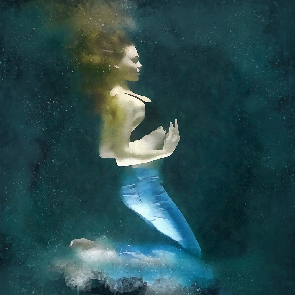 woman wearing jeans and bra posing underwater abstract figurative print