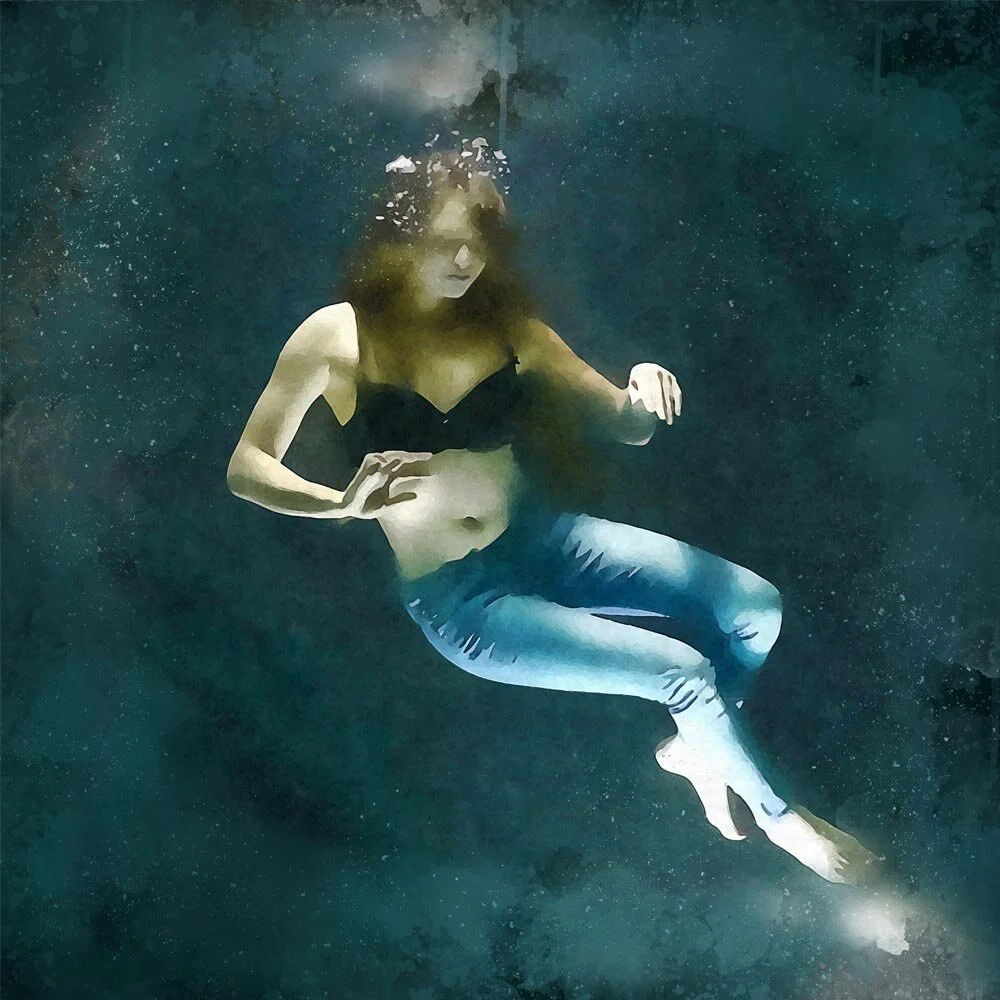 woman wearing jeans and bra posing underwater abstract figurative print