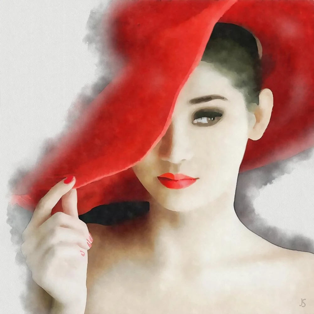 the woman with the red hat II abstract figurative print