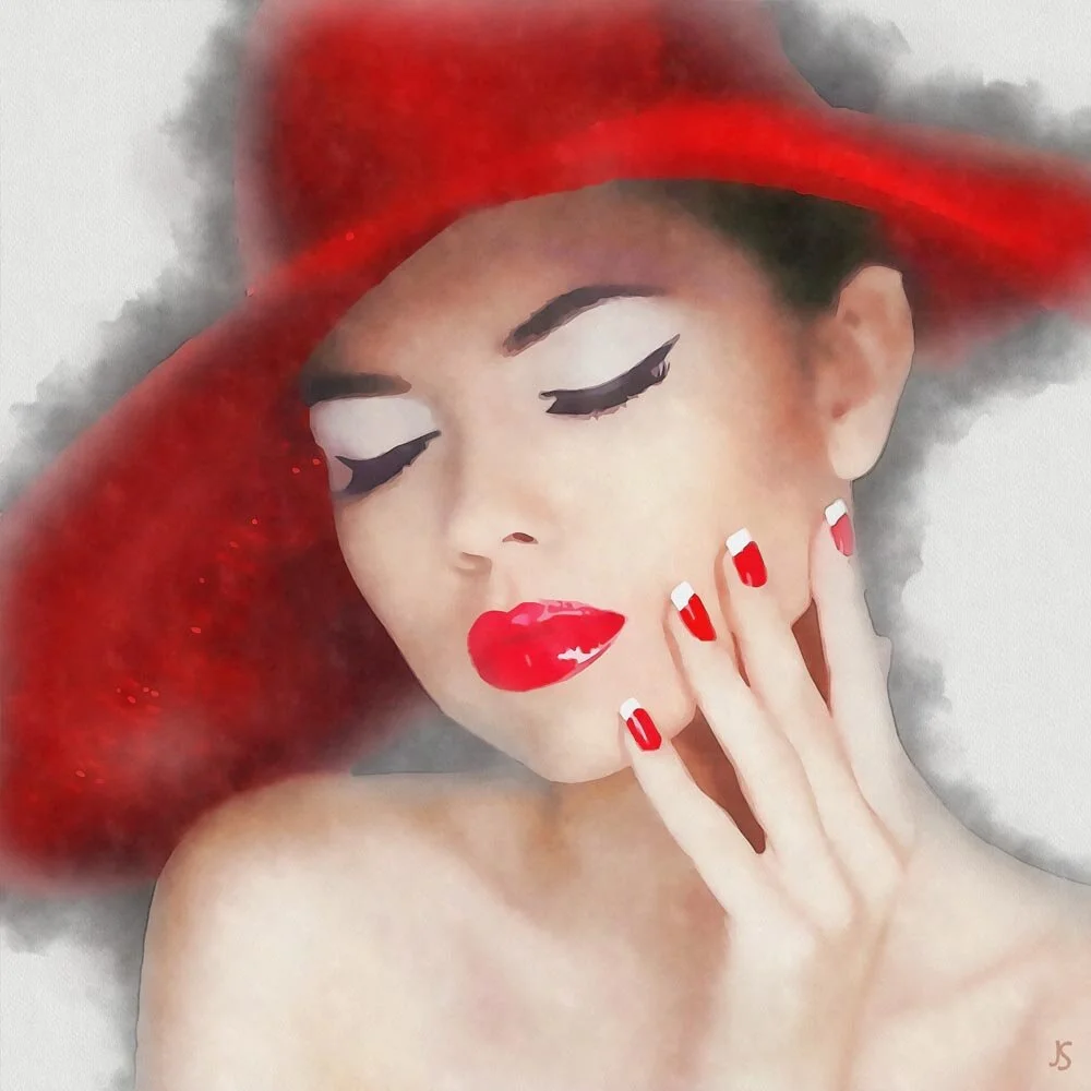 the woman with the red hat V abstract figurative print