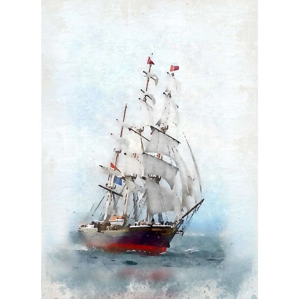 historic three masted sailing ship at sea abstract figurative print