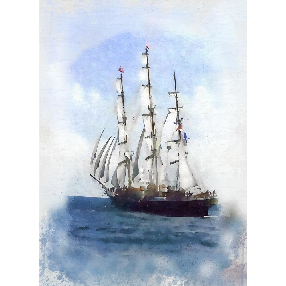 historic three masted sailing ship at sea abstract figurative print
