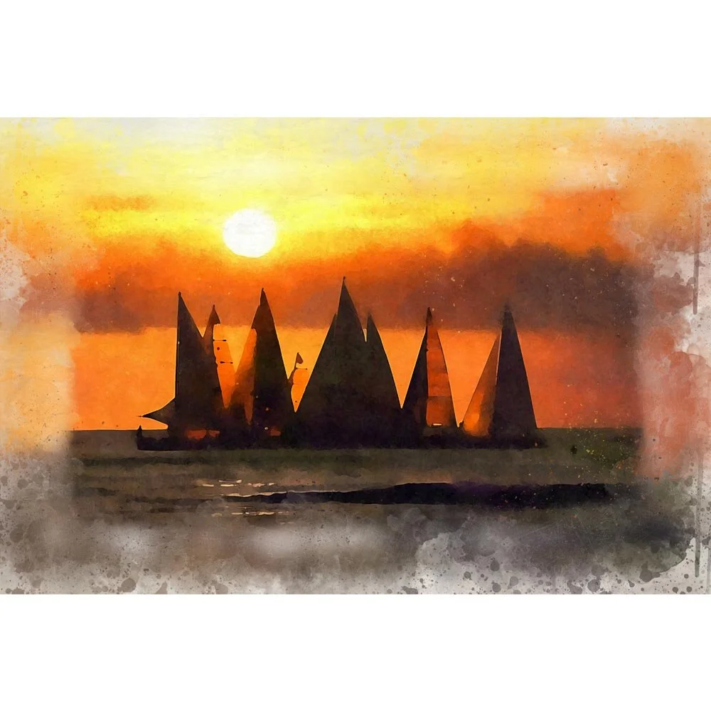 sailboats at sea during sunset abstract figurative print