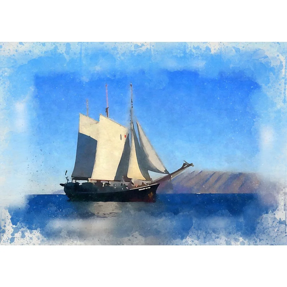 historic two masted schooner near coast abstract figurative print