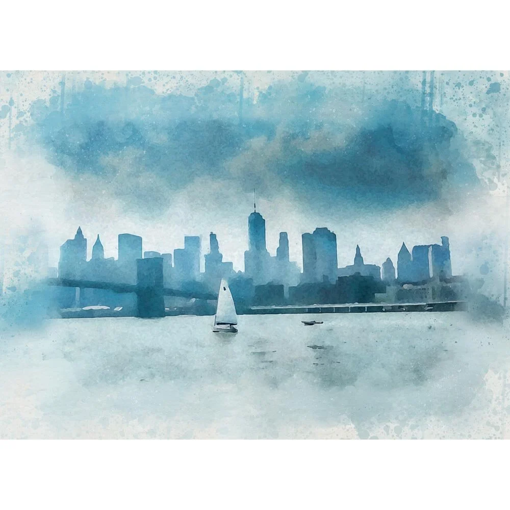 sailboat in front of new york city skyline monochromatic abstract figurative print