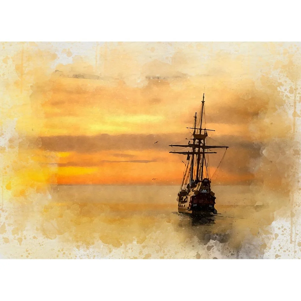 historic three masted ship sailing during sunset abstract figurative print