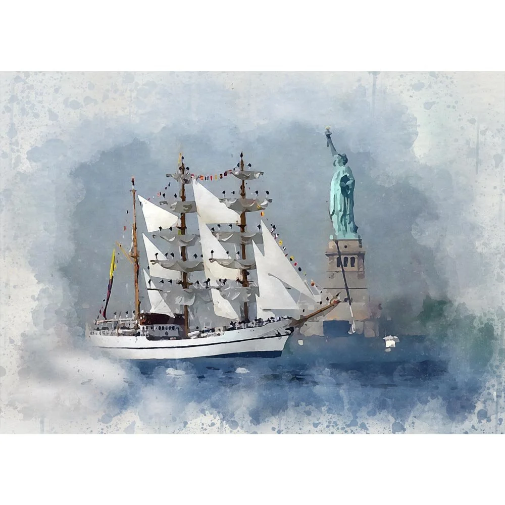 historic three masted sailing ship in front of statue of liberty abstract figurative print