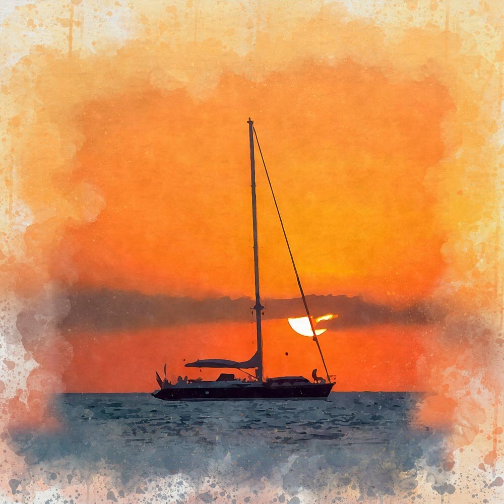 sailing yacht on the ocean at sunset abstract figurative painting print