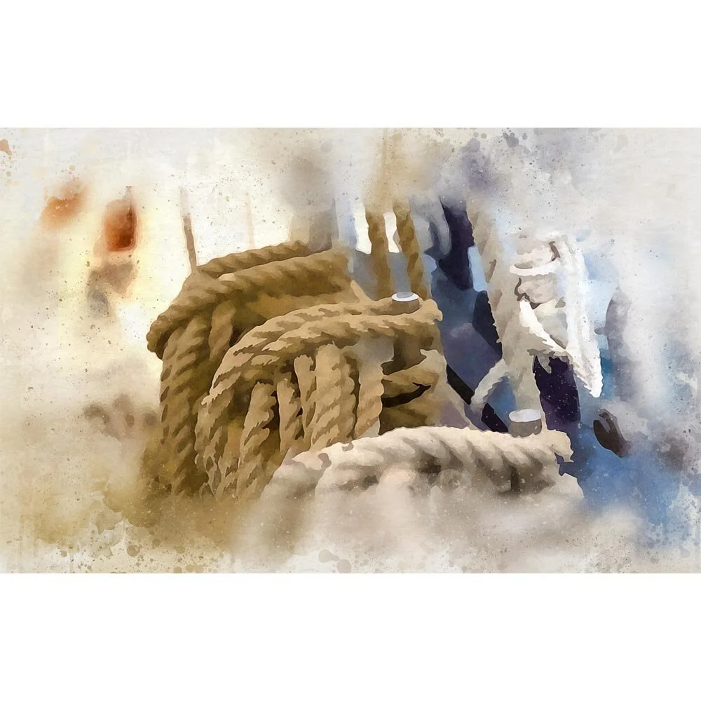 fastening ropes and pegs on a sailing vessel abstract figurative print