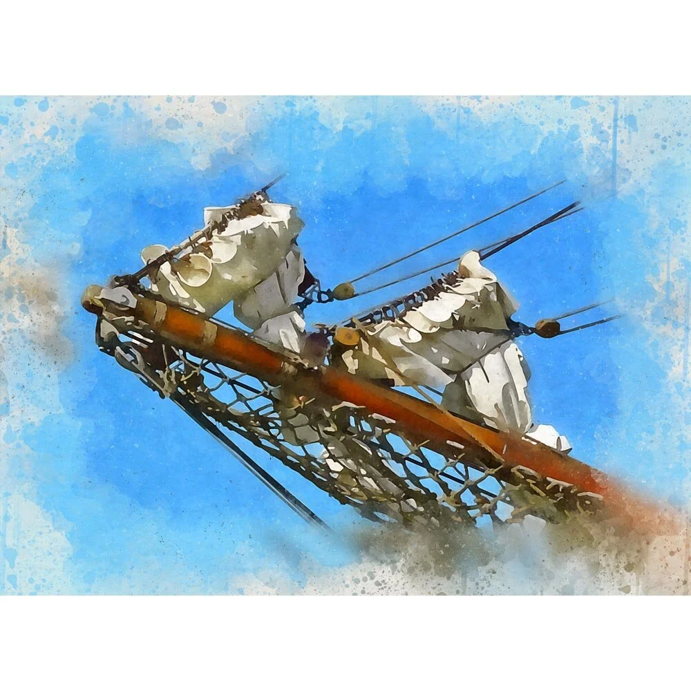 bowsprit of a sailing ship with lowered sails abstract figurative print