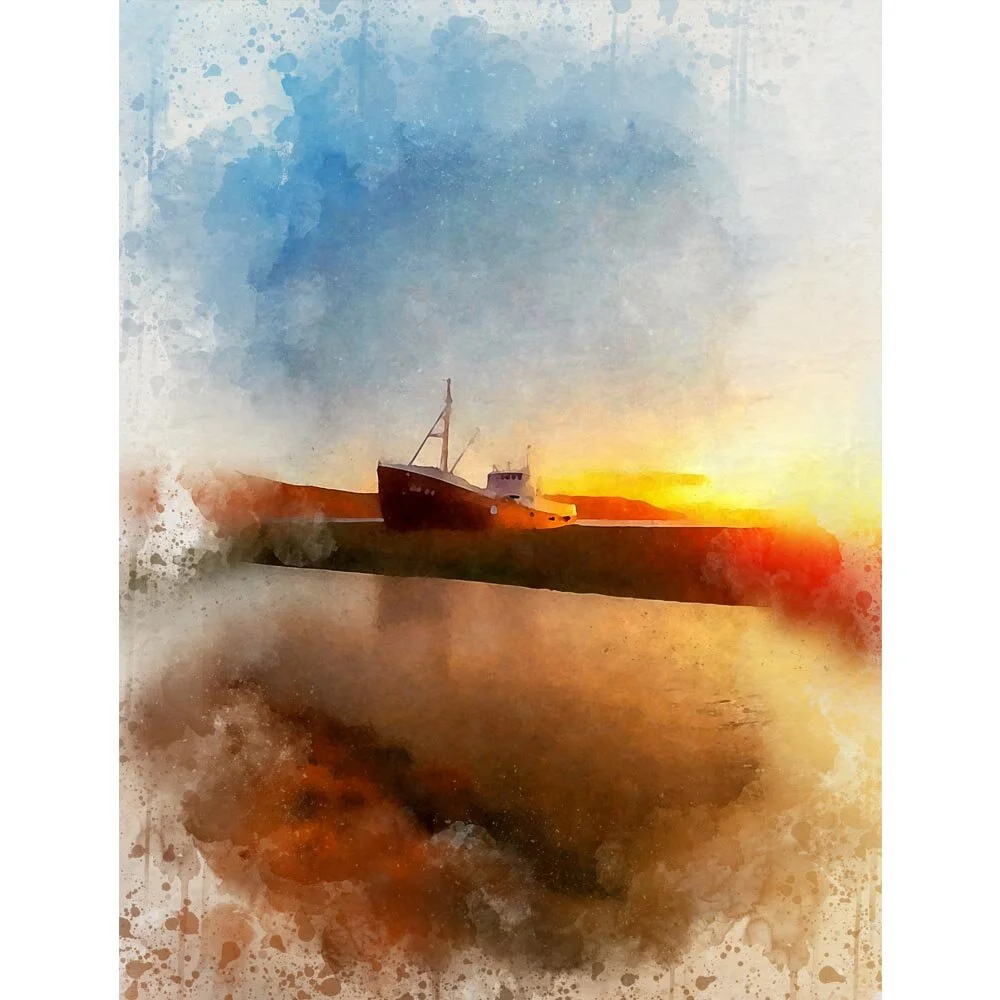 shipwreck on a beach sunset abstract figurative print