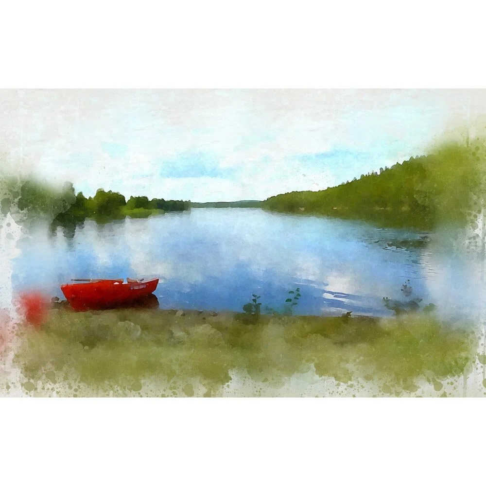 rowing boat on a lake shore abstract figurative print