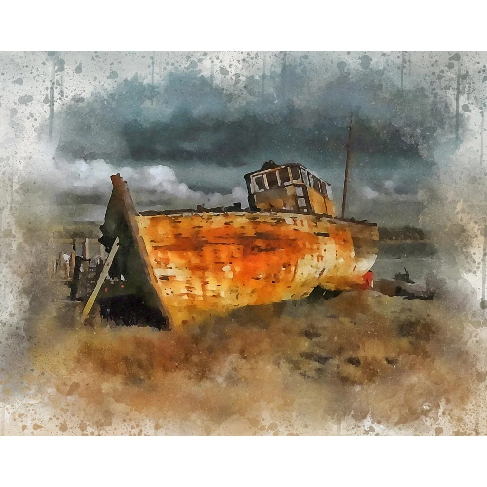 shipwreck on a shore abstract figurative print