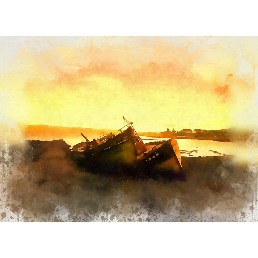two wrecked ships on a lake shore at sunset abstract figurative print