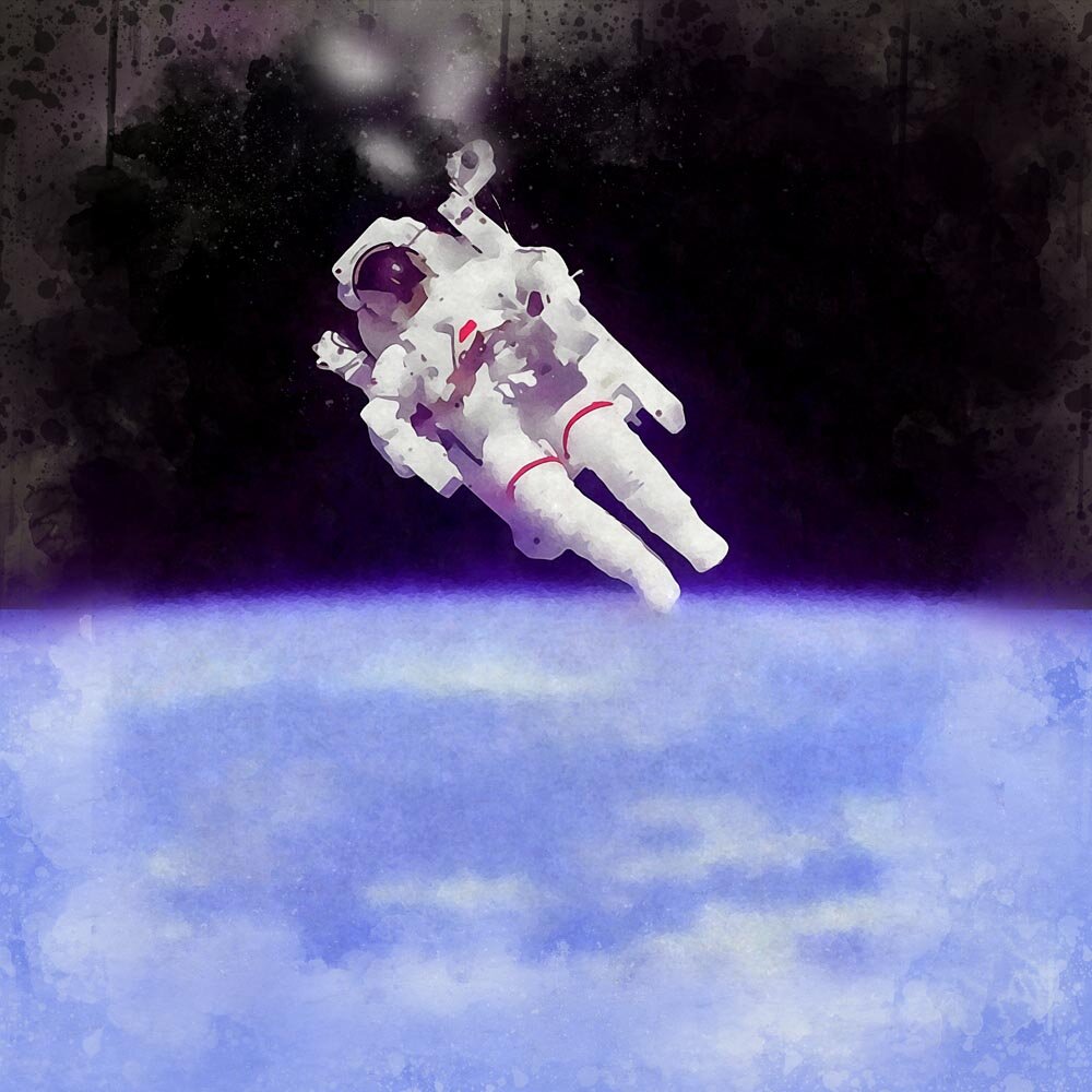 astronaut wearing a jetpack floating in space abstract figurative art print