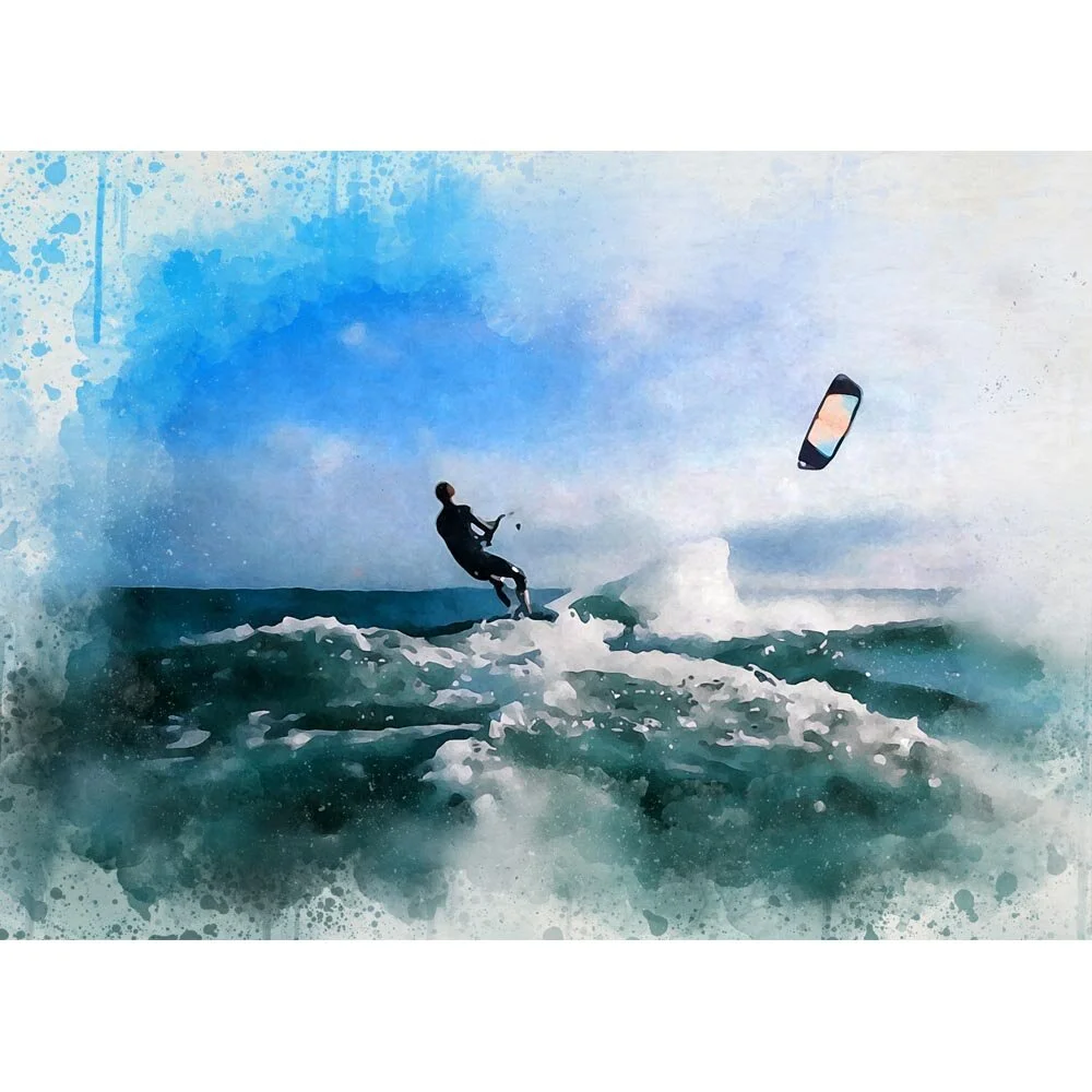 kitesurfer waves blue sky abstract figurative print