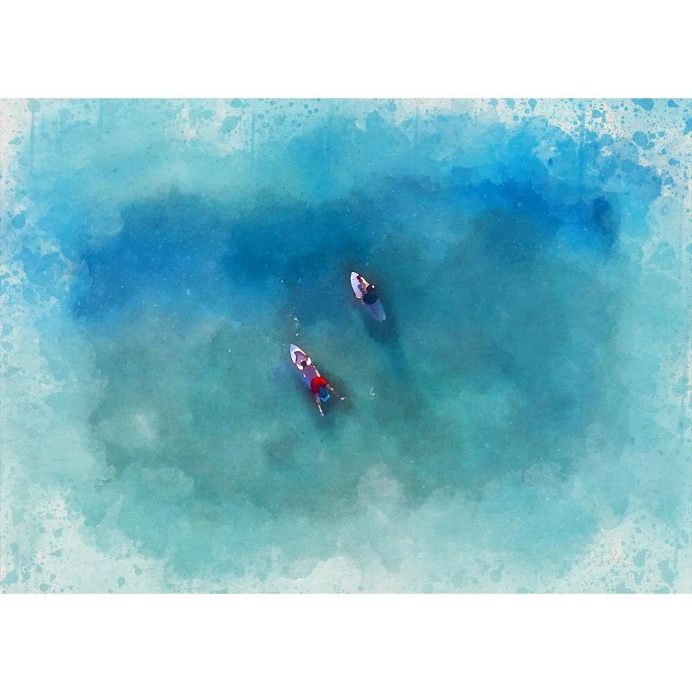 surfers waiting for a wave bird's eye view abstract figurative print