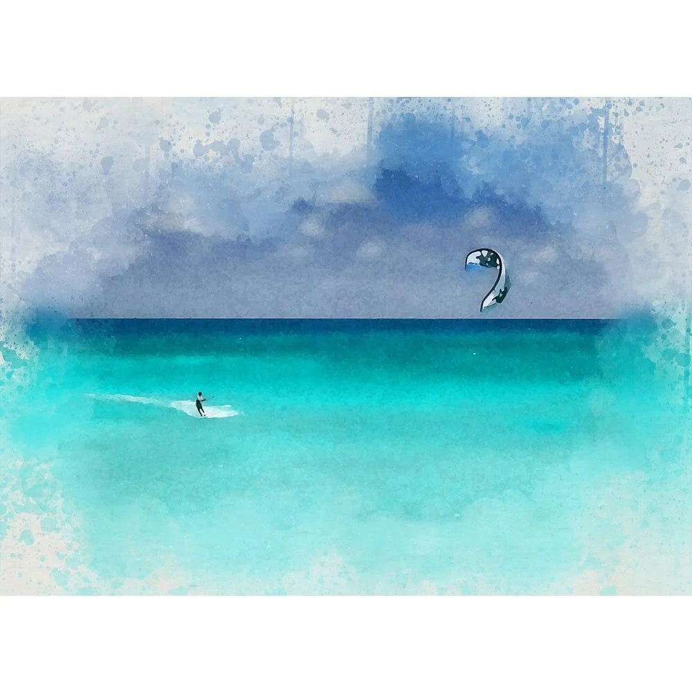 kitesurfer in tropical green water abstract figurative print