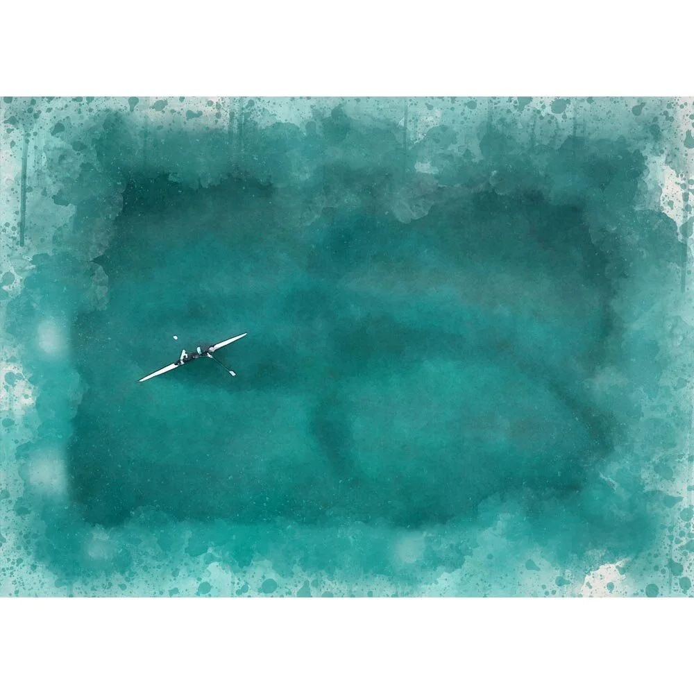 rowers crossing over a whale bird's eye view abstract figurative print