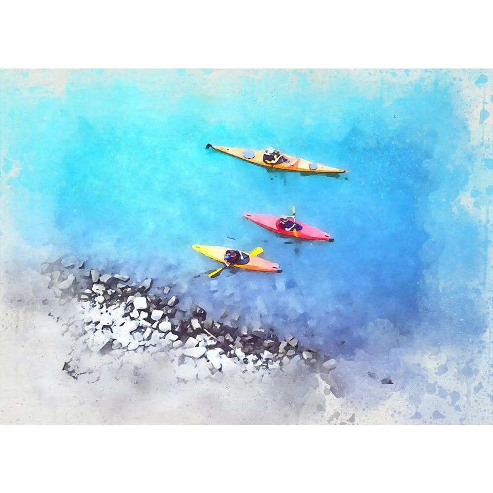 kayaking on a river bird's eye view abstract figurative print