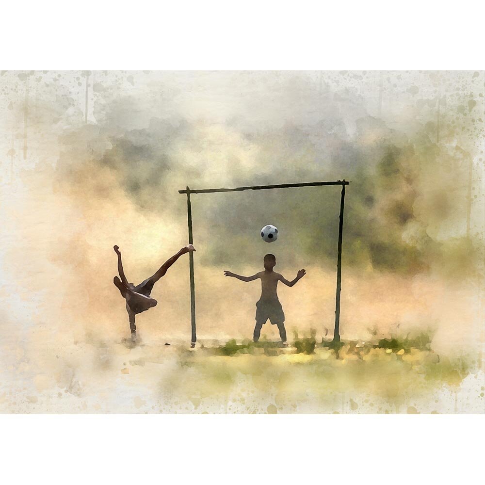 two kids playing soccer on a wet field abstract figurative print