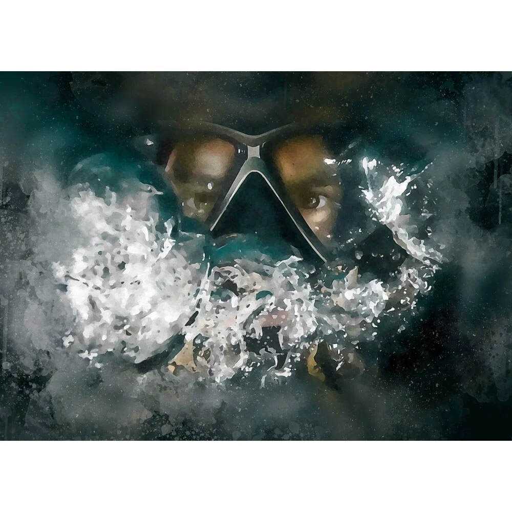 scuba diver close up blowing bubbles abstract figurative print