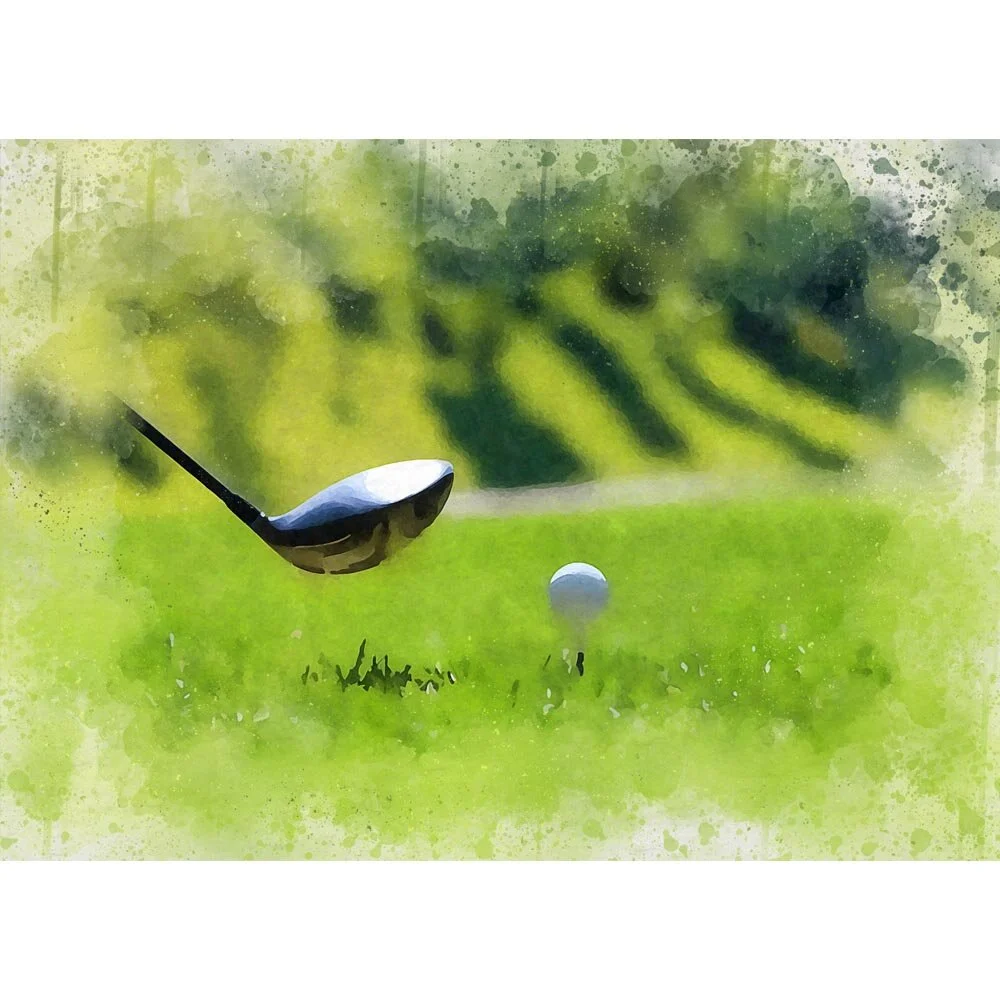 golfer ready to hit golf ball with a shiny driver abstract figurative print