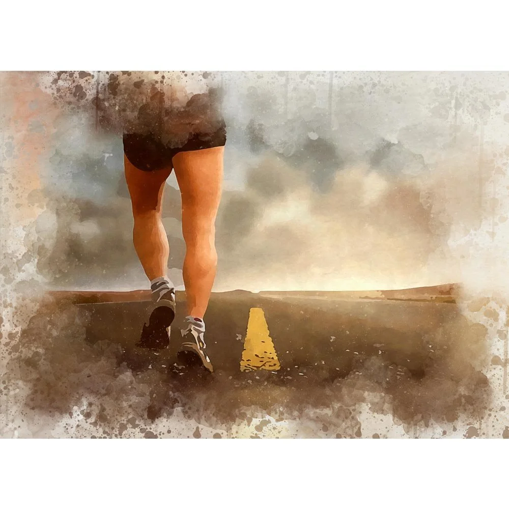 jogging man on an endless road abstract figurative print