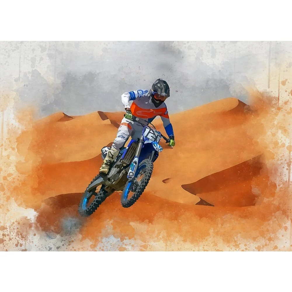 jumping motocross rider in rocky landscape abstract figurative print