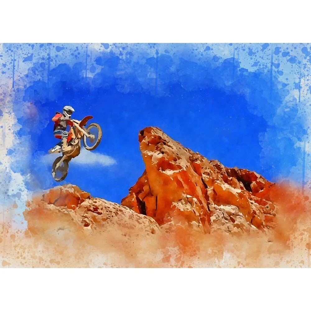 jumping motocross rider in the desert abstract figurative print