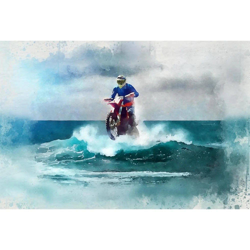 jumping motocross rider on the beach abstract figurative print