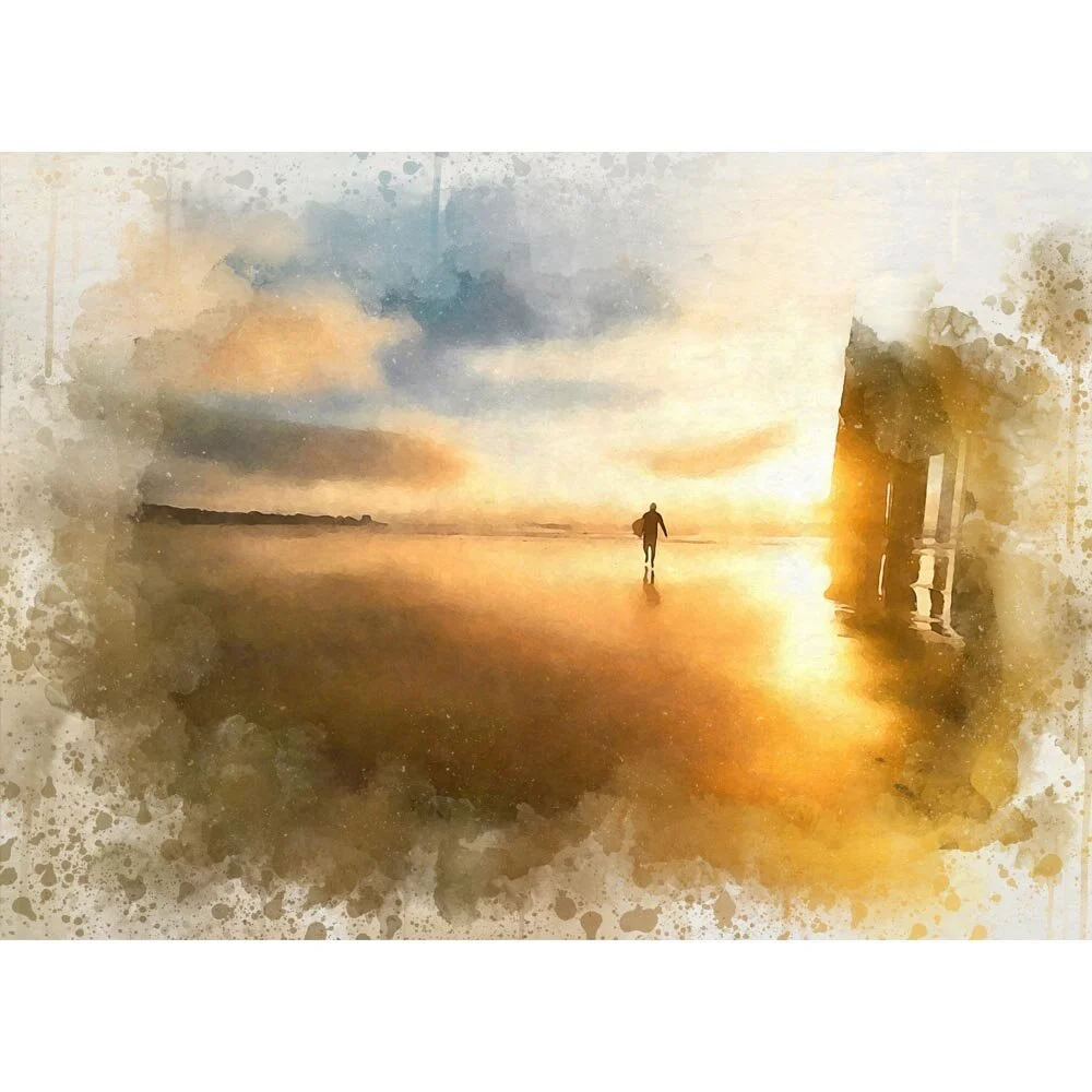 surfer walking on the beach at sunset abstract figurative print