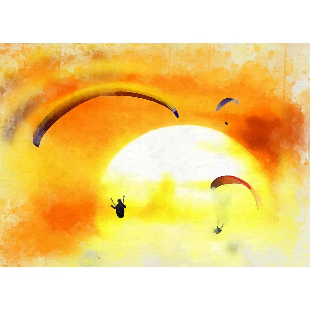 three parachute jumpers at sunset abstract figurative print