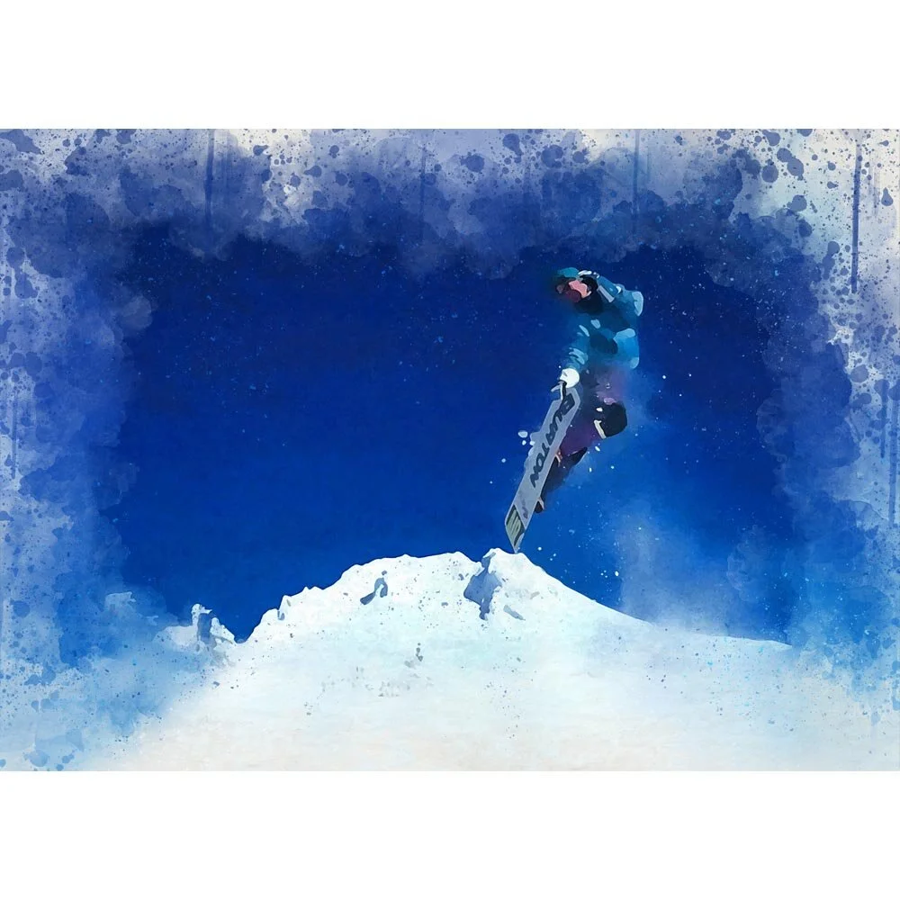 jumping snowboarder on deep blue sky abstract figurative print