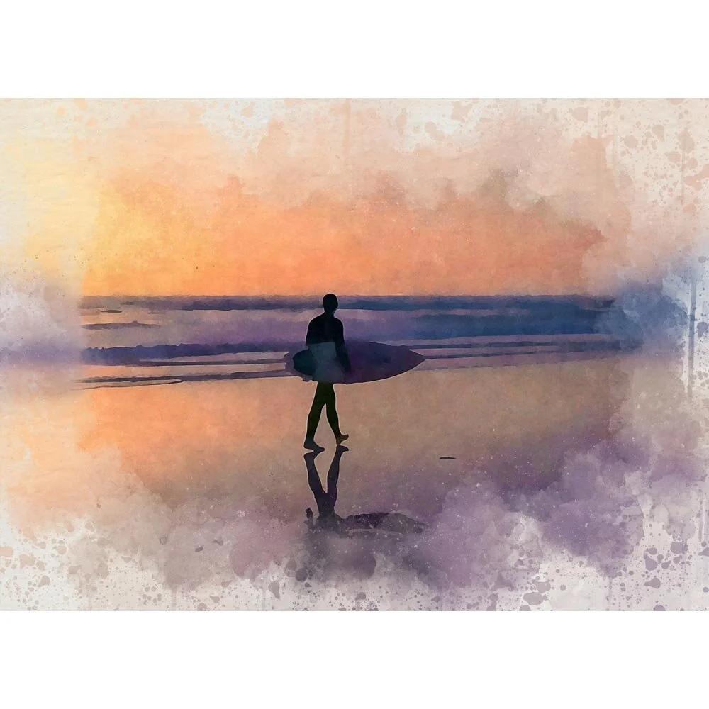 lone surfer walking on the beach at sunset abstract figurative print